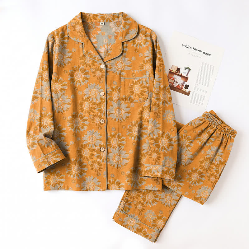 Ensemble pyjama d'intérieur en coton à motif tournesol rétro Ownkoti - image 5