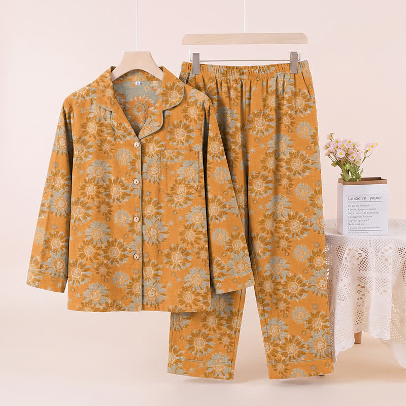 Ensemble pyjama d'intérieur en coton à motif tournesol rétro Ownkoti - Orange - XL - image 0