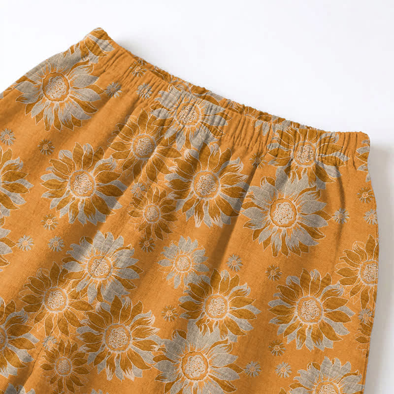 Ensemble pyjama d'intérieur en coton à motif tournesol rétro Ownkoti - image 4