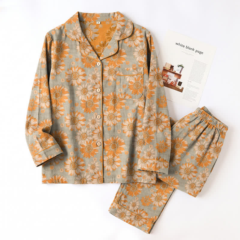 Ensemble pyjama d'intérieur en coton à motif tournesol rétro Ownkoti - image 12