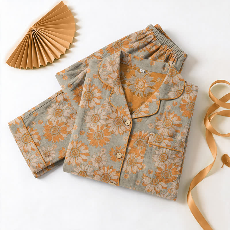 Ensemble pyjama d'intérieur en coton à motif tournesol rétro Ownkoti - image 13