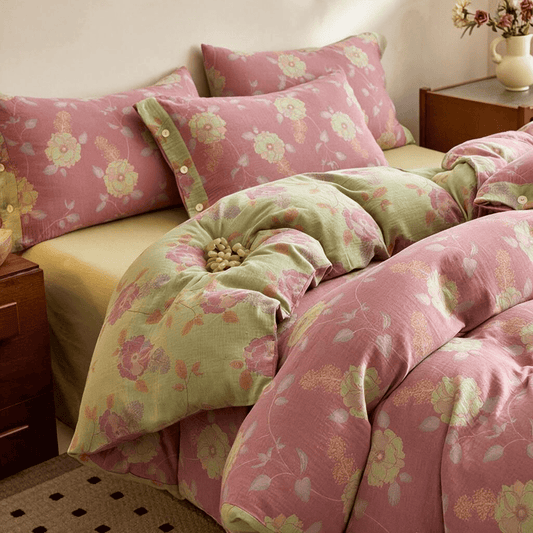 Ensemble de housse de couette en coton à fleurs vintage Ownkoti - Rose - Ensemble de literie (4 pièces) - Roi - image 0