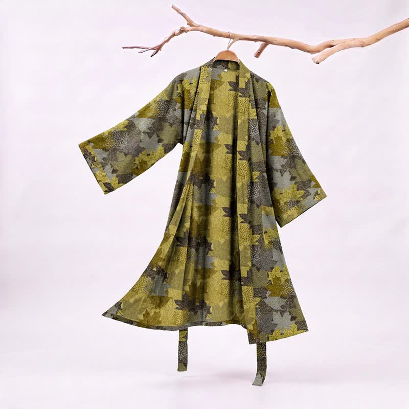 Kimono en coton à feuilles d'érable d'automne Ownkoti - Gris et jaune - XXL - image 17