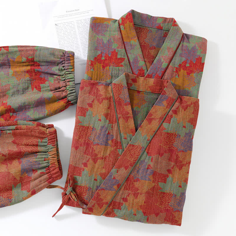 Ensemble pyjama kimono en coton à motif feuille d'érable Ownkoti - image 6
