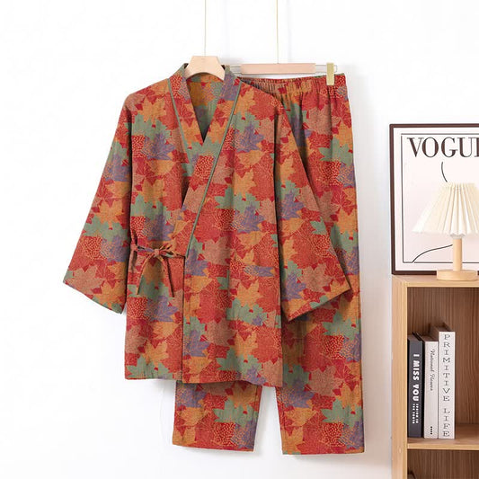 Ensemble pyjama kimono en coton à motif feuille d'érable Ownkoti - Rouge et vert - XL - image 0