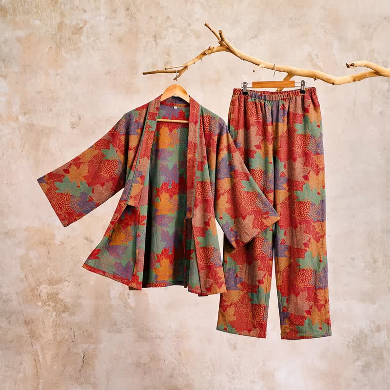 Ensemble pyjama kimono en coton à motif feuille d'érable Ownkoti - image 5