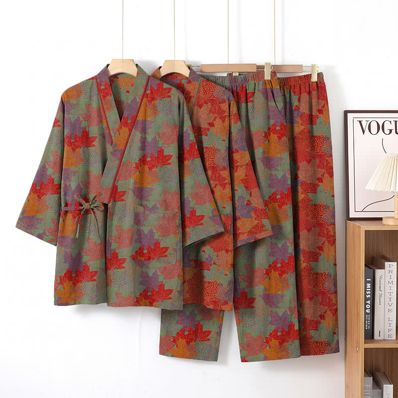 Ensemble pyjama kimono en coton à motif feuille d'érable Ownkoti - image 8