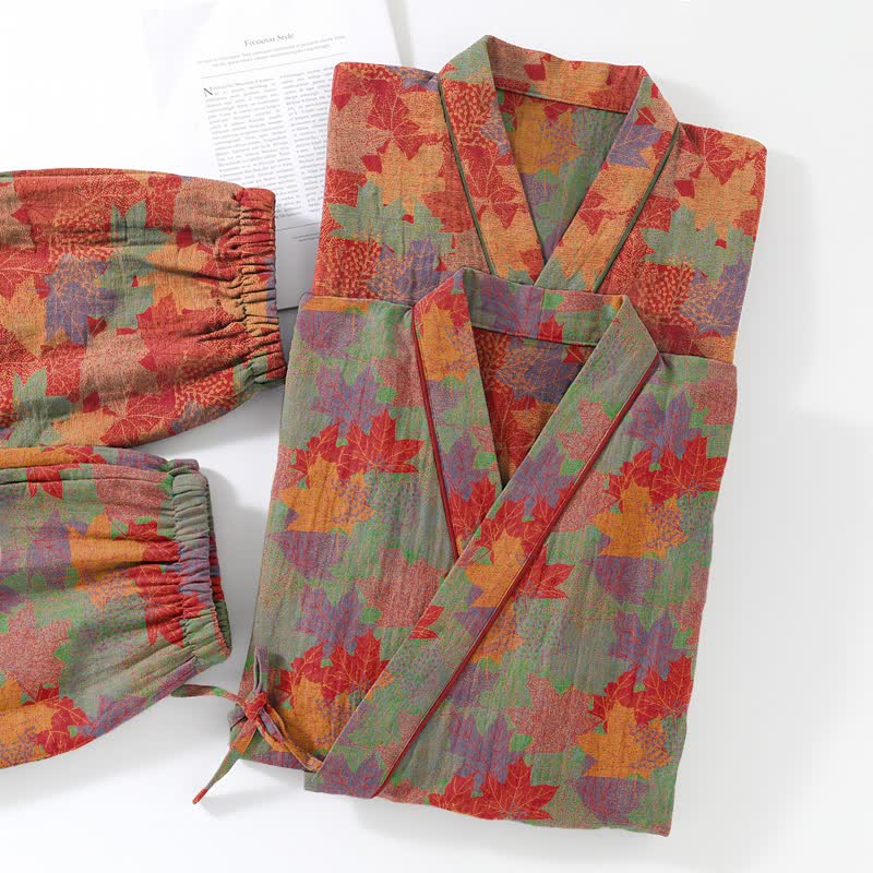 Ensemble pyjama kimono en coton à motif feuille d'érable Ownkoti - image 14