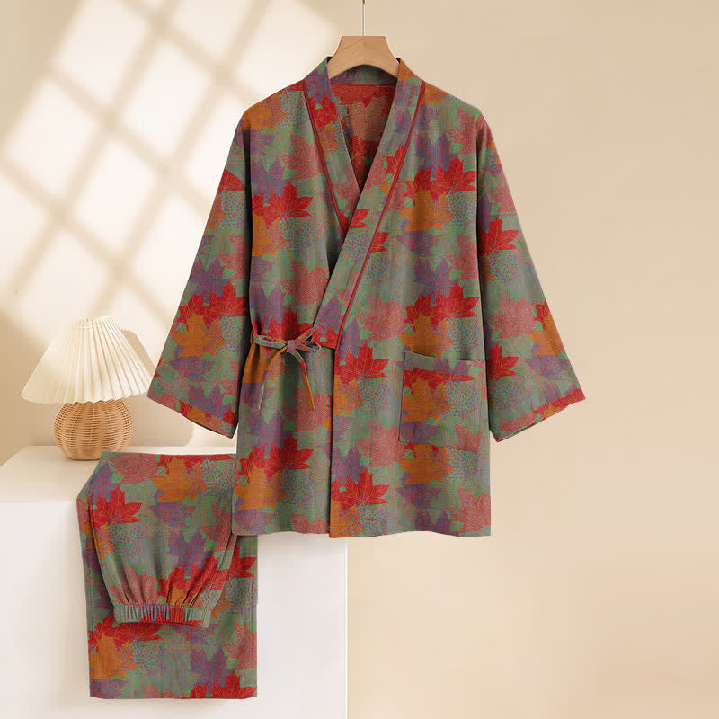 Ensemble pyjama kimono en coton à motif feuille d'érable Ownkoti - image 10