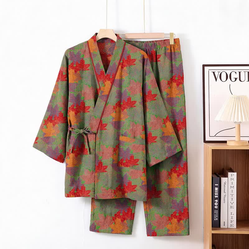 Ensemble pyjama kimono en coton à motif feuille d'érable Ownkoti - Vert et rouge - XL - image 7