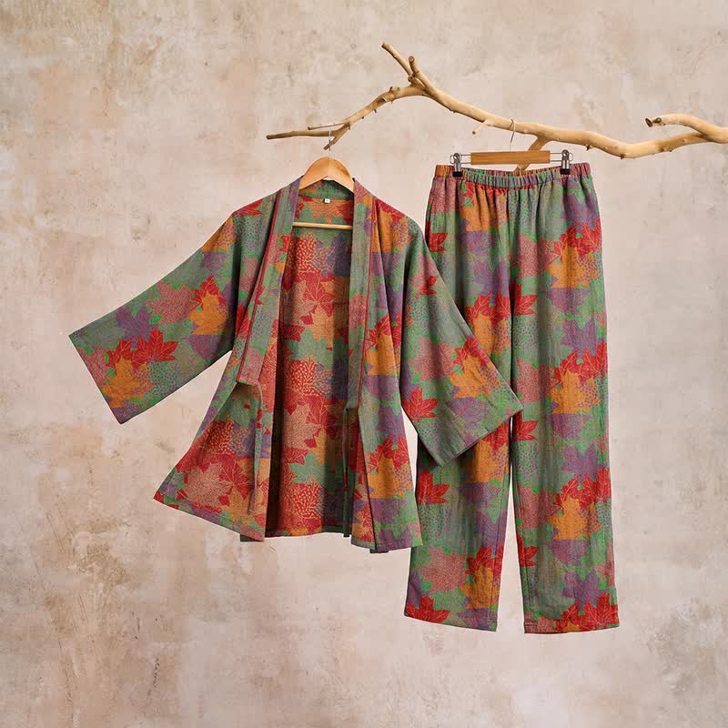 Ensemble pyjama kimono en coton à motif feuille d'érable Ownkoti - image 13