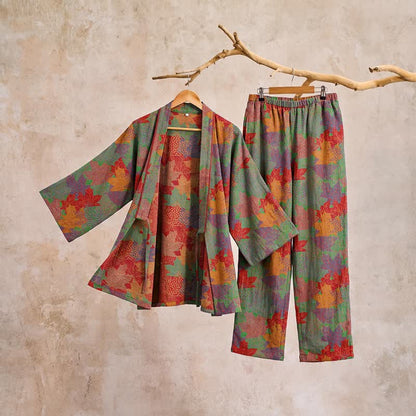 Ensemble pyjama kimono en coton à motif feuille d'érable Ownkoti - image 13