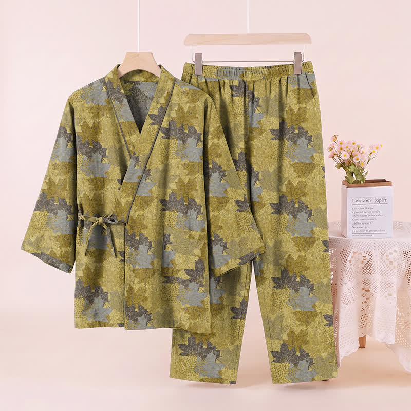 Ensemble pyjama kimono en coton à motif feuille d'érable Ownkoti - image 17