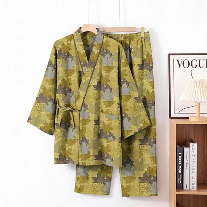Ensemble pyjama kimono en coton à motif feuille d'érable Ownkoti - Jaune et gris - XL - image 15