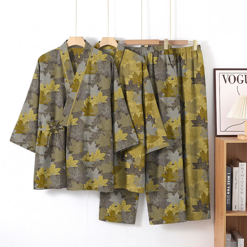 Ensemble pyjama kimono en coton à motif feuille d'érable Ownkoti - image 24