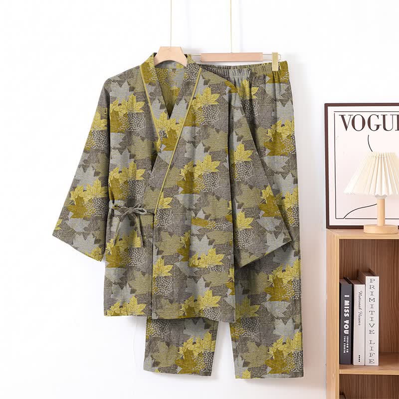 Ensemble pyjama kimono en coton à motif feuille d'érable Ownkoti - Gris et jaune - XL - image 23