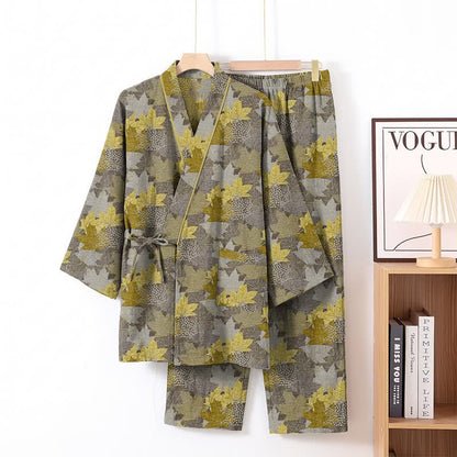 Ensemble pyjama kimono en coton à motif feuille d'érable Ownkoti - Gris et jaune - XL - image 23