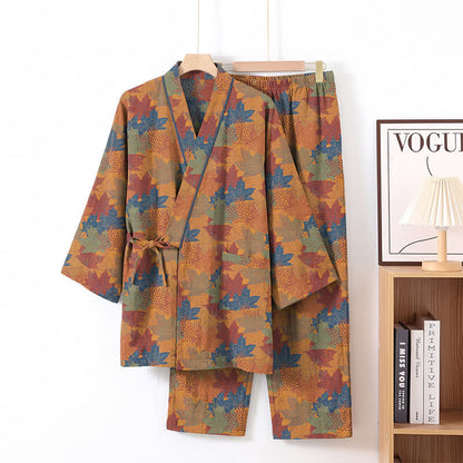 Ensemble pyjama kimono en coton à motif feuille d'érable Ownkoti - Orange et bleu - XL - image 31