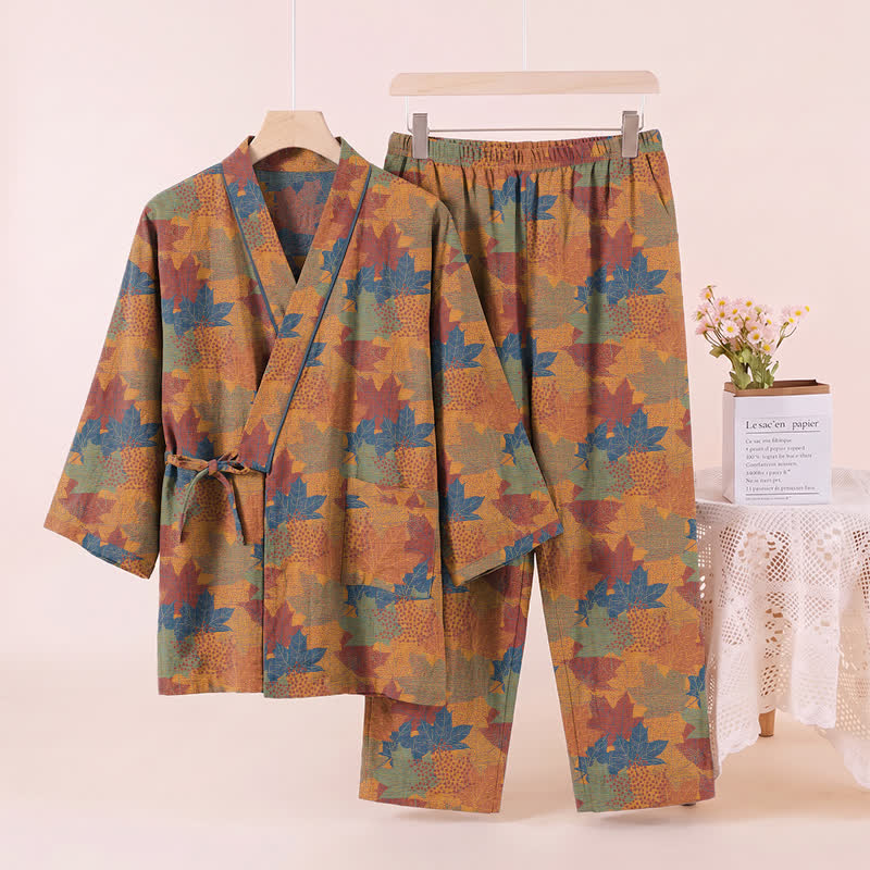 Ensemble pyjama kimono en coton à motif feuille d'érable Ownkoti - image 33