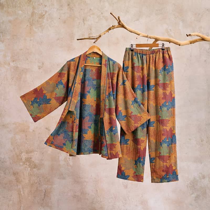 Ensemble pyjama kimono en coton à motif feuille d'érable Ownkoti - image 37