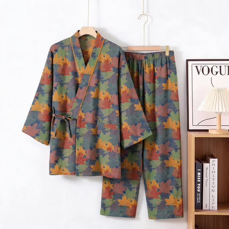 Ensemble pyjama kimono en coton à motif feuille d'érable Ownkoti - Bleu et orange - XL - image 39