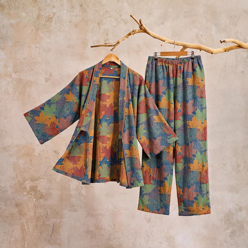 Ensemble pyjama kimono en coton à motif feuille d'érable Ownkoti - image 45