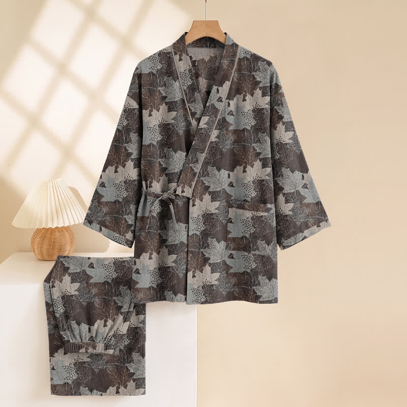 Ensemble pyjama kimono en coton à motif feuille d'érable Ownkoti - image 50