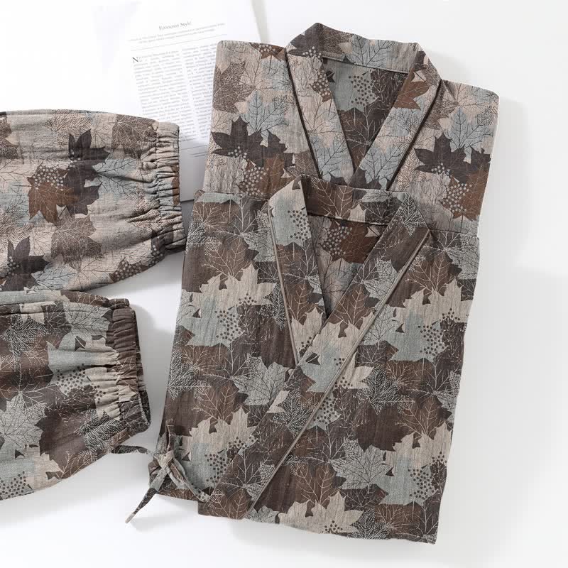 Ensemble pyjama kimono en coton à motif feuille d'érable Ownkoti - image 54