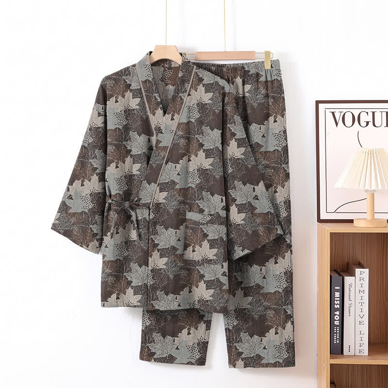 Ensemble pyjama kimono en coton à motif feuille d'érable Ownkoti - Brun et gris - XL - image 47