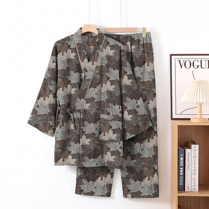 Ensemble pyjama kimono en coton à motif feuille d'érable Ownkoti - Brun et gris - XL - image 47
