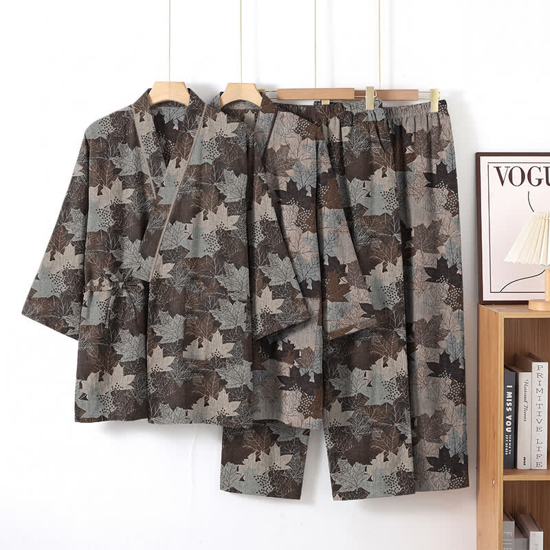 Ensemble pyjama kimono en coton à motif feuille d'érable Ownkoti - image 48