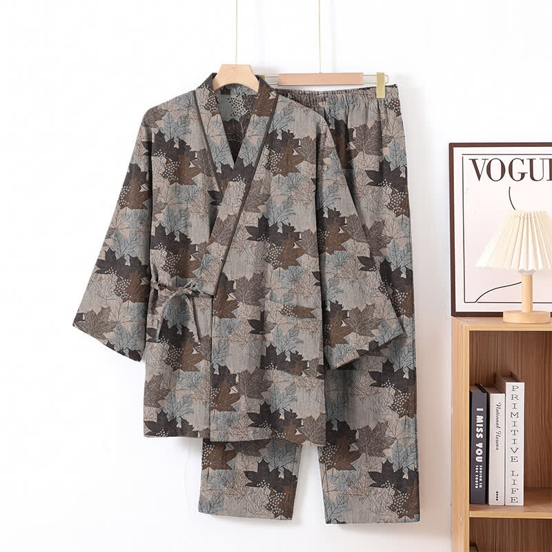 Ensemble pyjama kimono en coton à motif feuille d'érable Ownkoti - Gris et marron - XL - image 55