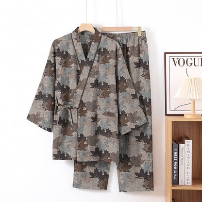 Ensemble pyjama kimono en coton à motif feuille d'érable Ownkoti - Gris et marron - XL - image 55