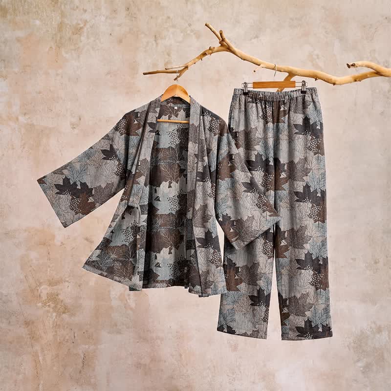 Ensemble pyjama kimono en coton à motif feuille d'érable Ownkoti - image 61