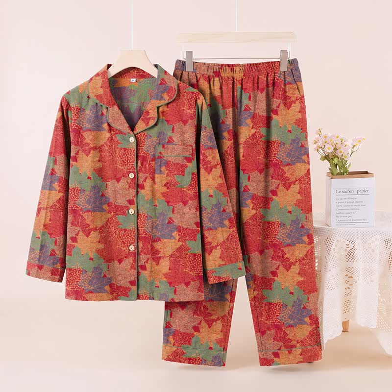 Ensemble de vêtements d'intérieur en coton à motif de feuilles d'érable d'automne Ownkoti - Rouge et vert - XL - image 0