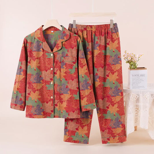 Ensemble de vêtements d'intérieur en coton à motif de feuilles d'érable d'automne Ownkoti - Rouge et vert - XL - image 0
