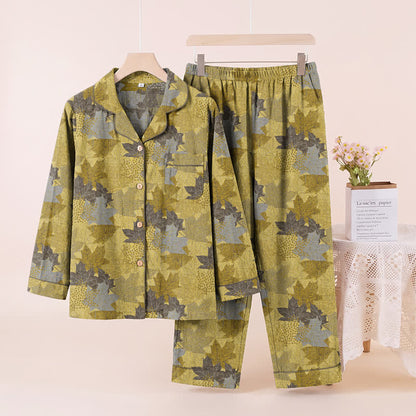 Ensemble de vêtements d'intérieur en coton à motif de feuilles d'érable d'automne Ownkoti - Jaune et gris - XL - image 12