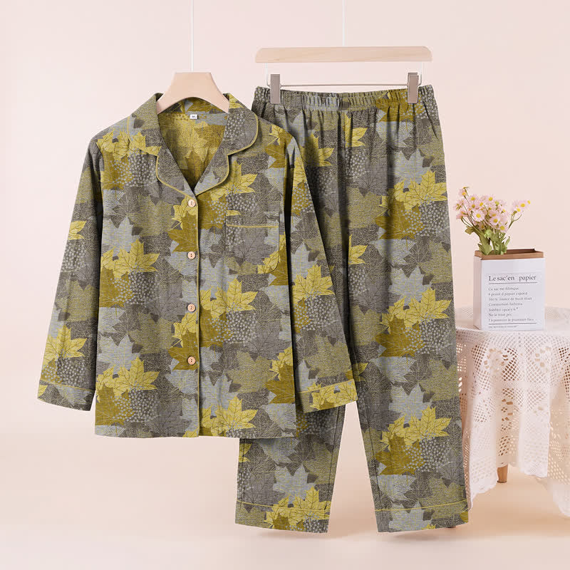 Ensemble de vêtements d'intérieur en coton à motif de feuilles d'érable d'automne Ownkoti - Gris et jaune - XL - image 18