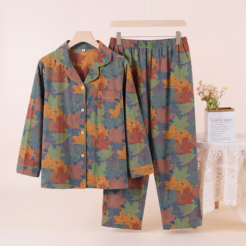 Ensemble de vêtements d'intérieur en coton à motif de feuilles d'érable d'automne Ownkoti - Bleu et orange - XL - image 30