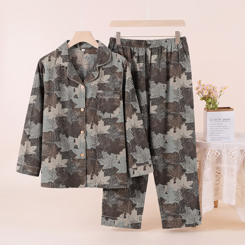 Ensemble de vêtements d'intérieur en coton à motif de feuilles d'érable d'automne Ownkoti - Brun et gris - XL - image 36