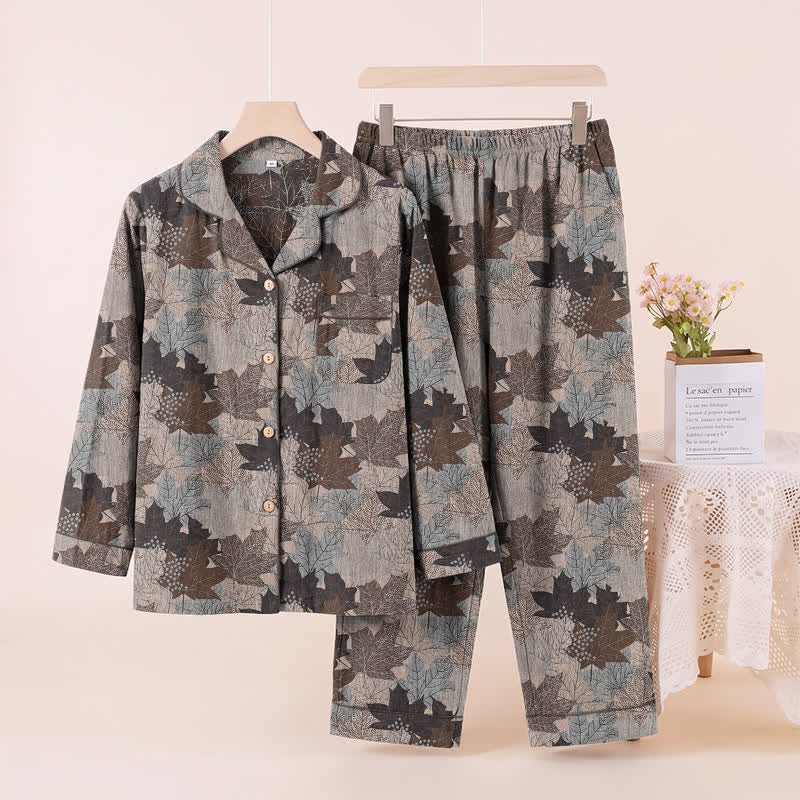 Ensemble de vêtements d'intérieur en coton à motif de feuilles d'érable d'automne Ownkoti - Gris et marron - XL - image 42