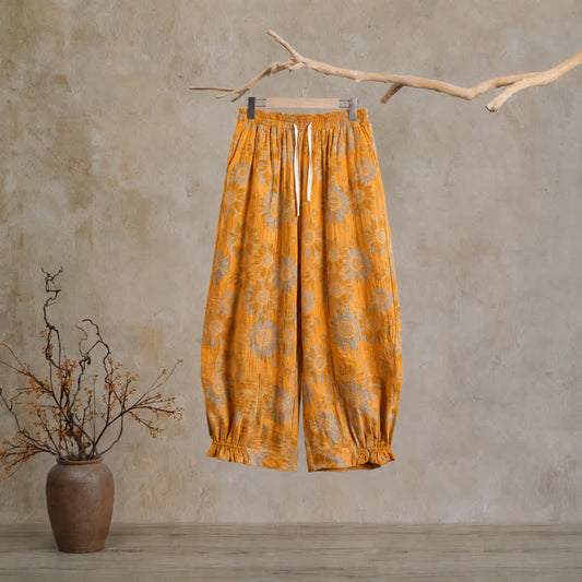 Pantalon de détente en coton à motif tournesol vintage Ownkoti - Orange - XL - image 0