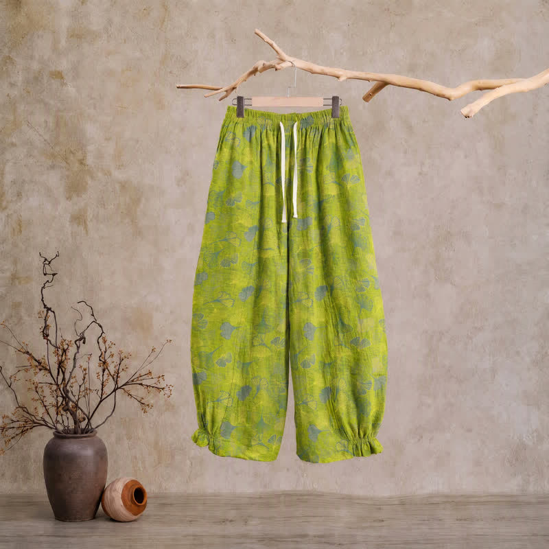 Pantalon de pyjama en coton vert à motif de ginkgo Ownkoti - Vert - XL - image 0
