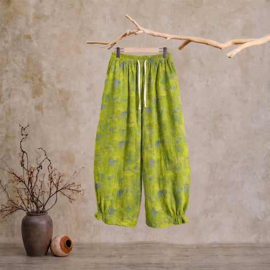 Pantalon de pyjama en coton vert à motif de ginkgo Ownkoti - Vert - XL - image 0