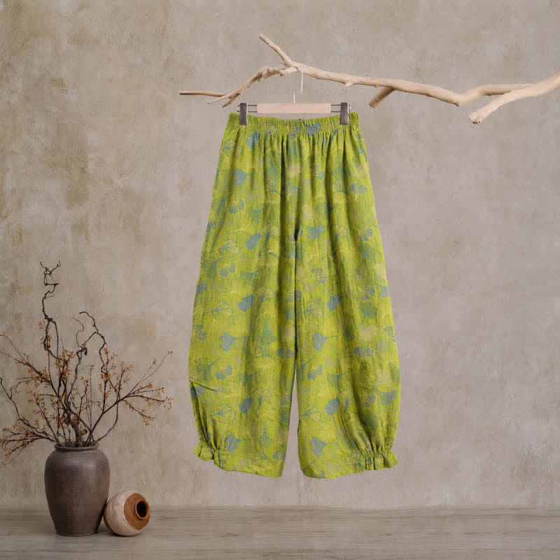 Pantalon de pyjama en coton vert à motif de ginkgo Ownkoti - image 1