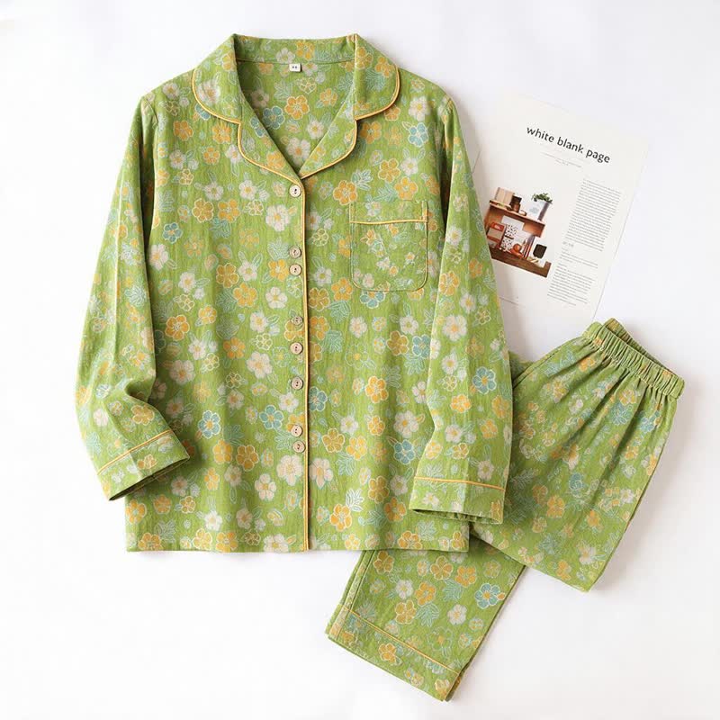 Ensemble pyjama en coton vert à petits motifs floraux Ownkoti - image 2