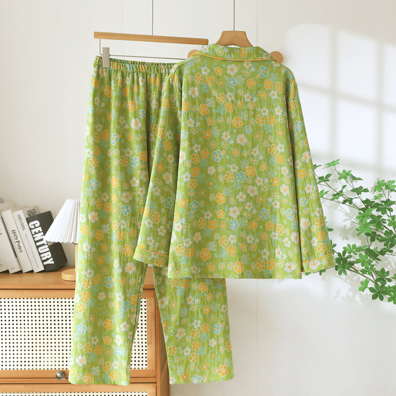 Ensemble pyjama en coton vert à petits motifs floraux Ownkoti - image 1