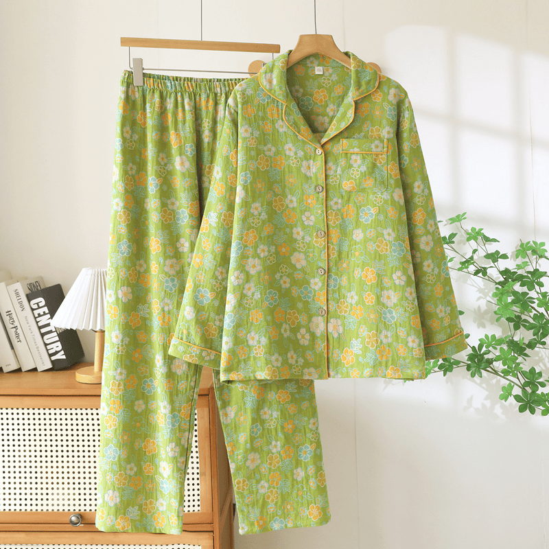 Ensemble pyjama en coton vert à petits motifs floraux Ownkoti - Vert - XXL - image 0