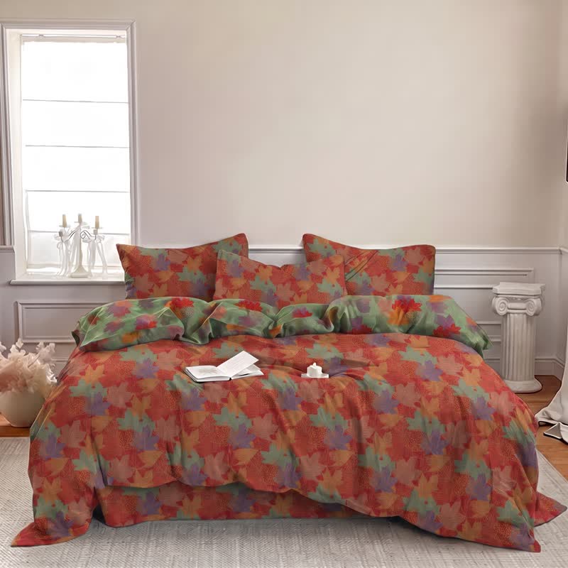 Ensemble de housse de couette en coton à motif de feuilles d'érable colorées Ownkoti - image 4