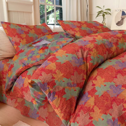 Ensemble de housse de couette en coton à motif de feuilles d'érable colorées Ownkoti - Rouge et vert - Ensemble de literie (4 pièces) - Roi - image 0